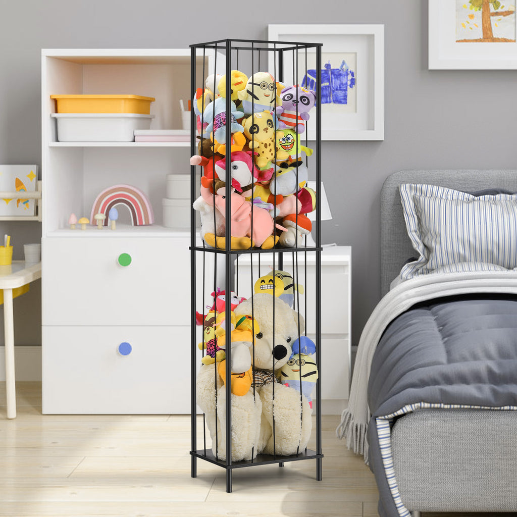 2-Tier Stuffed Animal Zoo Storage Cage - Tall Metal Plush Toy Organizer & Nursery Display, Black,