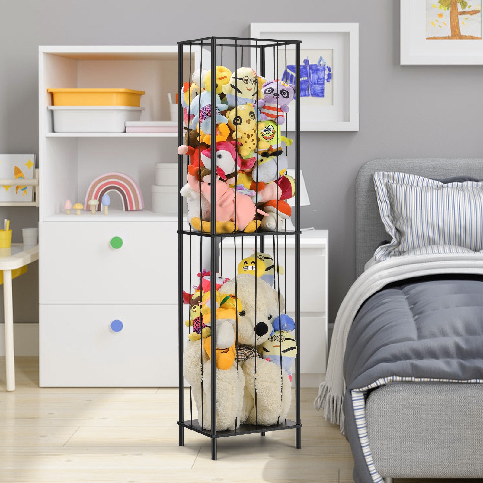 2-Tier Stuffed Animal Zoo Storage Cage - Tall Metal Plush Toy Organizer & Nursery Display, Black,