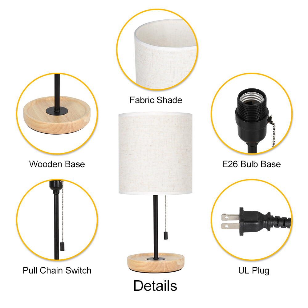 Modern White Bedside Table Lamp (16 Inches) - Wood Base Nightstand Lamp with Linen Fabric Shade