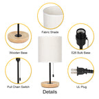 Modern White Bedside Table Lamp (16 Inches) - Wood Base Nightstand Lamp with Linen Fabric Shade