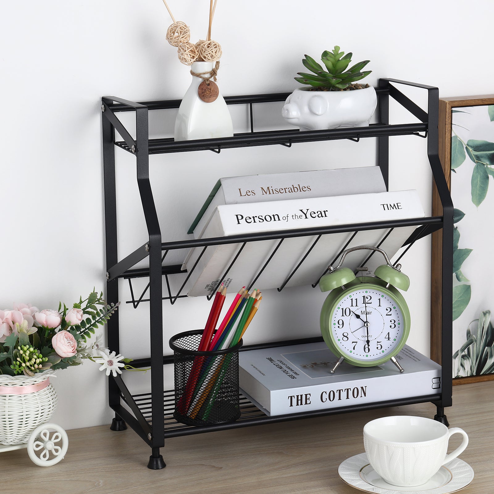 3-Tier Black Metal Spice Rack - Countertop Kitchen Organizer, Standing Jars & Bottle Storage Holder