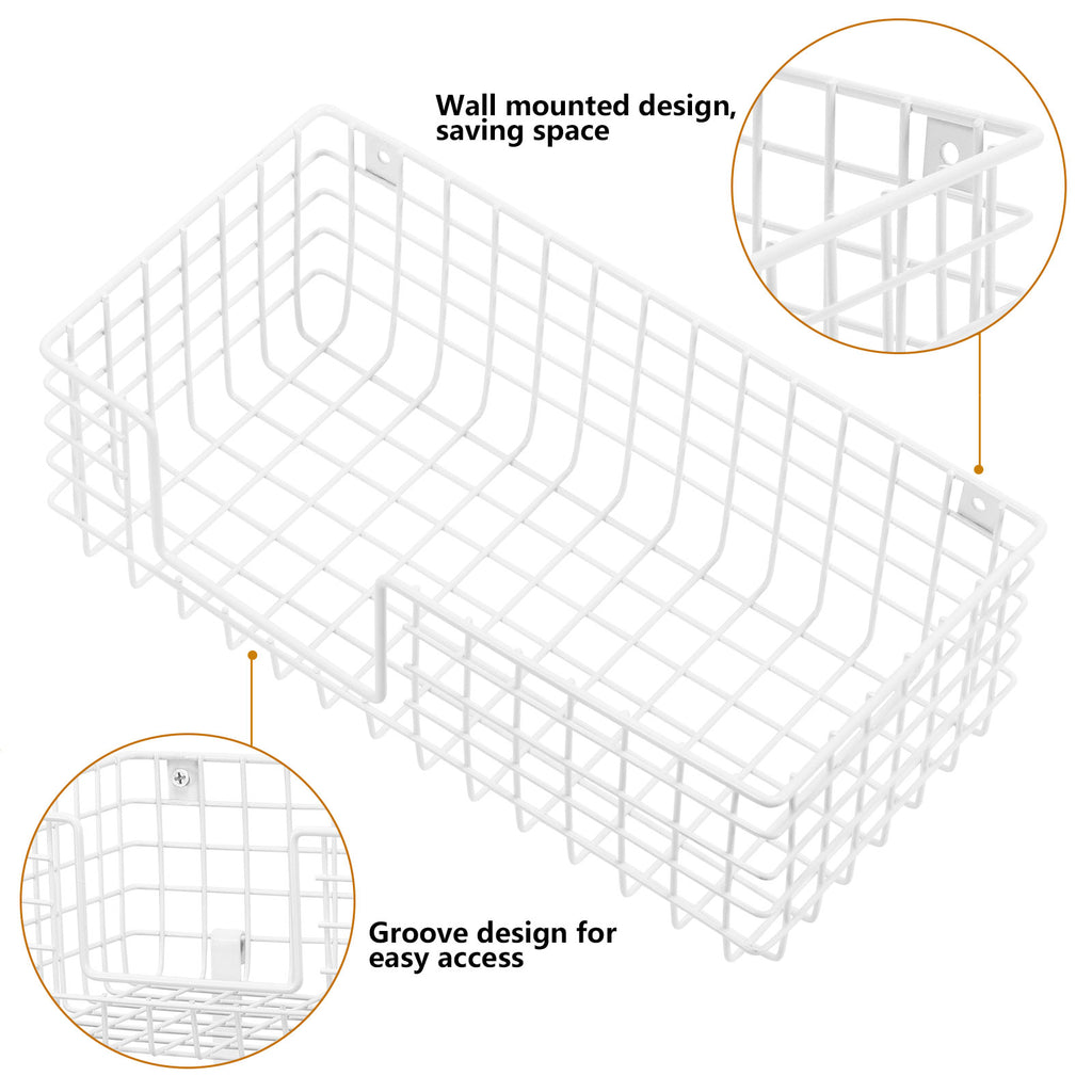 Wall Mount Iron & Ironing Board Holder, White Metal Laundry Organizer with Storage Basket and Removable Hooks
