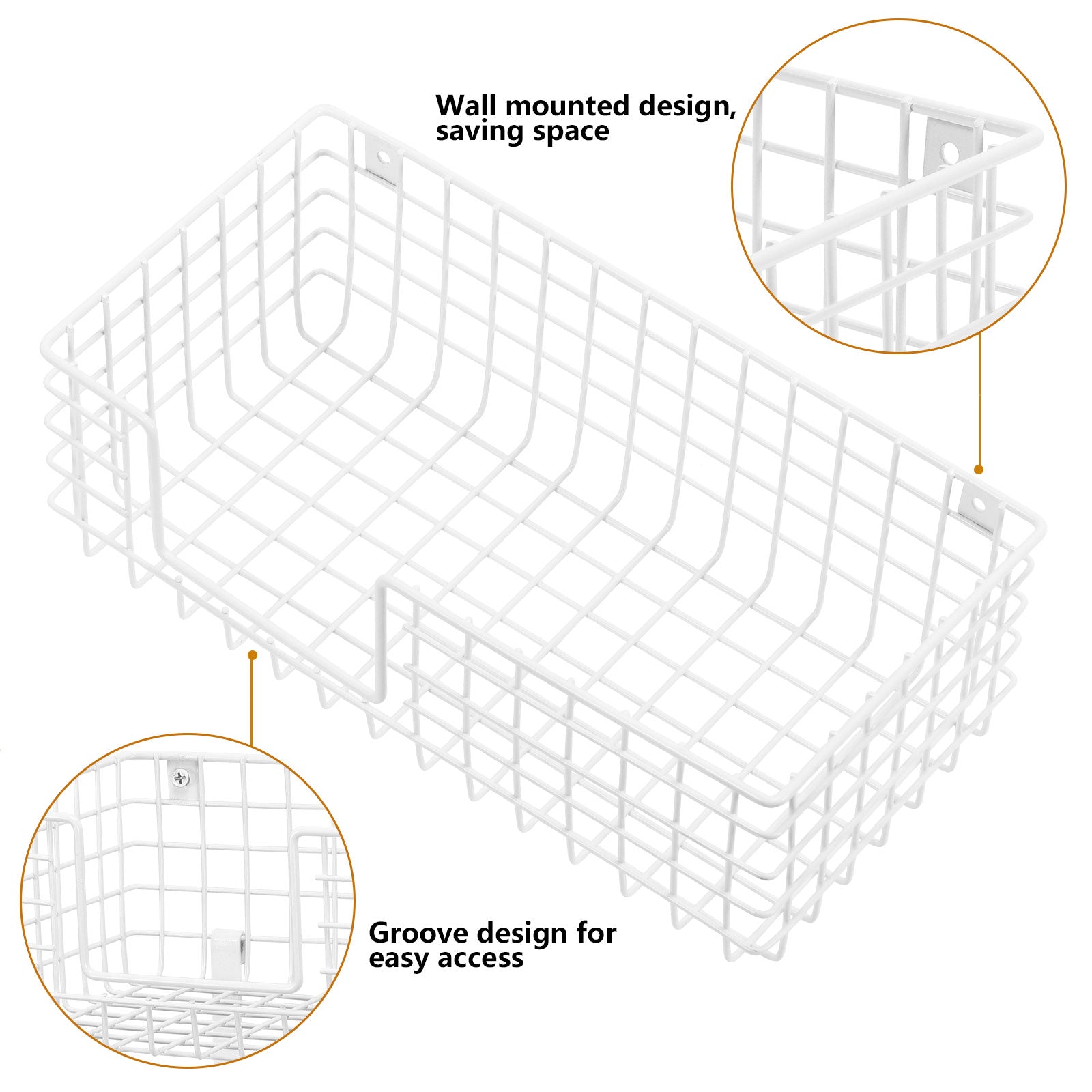 Wall Mount Iron & Ironing Board Holder, White Metal Laundry Organizer with Storage Basket and Removable Hooks