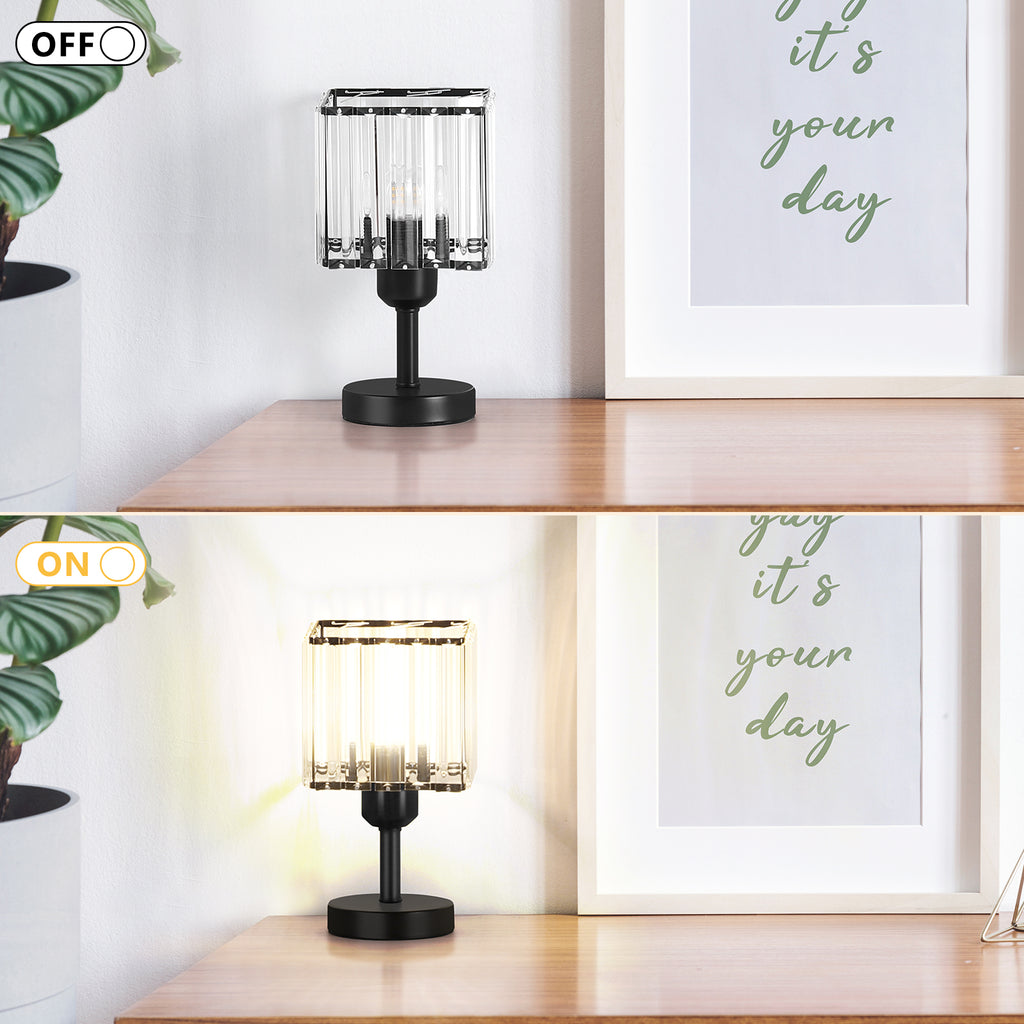 Set of 2 Contemporary Crystal Bedside Lamps with Black Bases and Elegant Shimmering Shades for Living Rooms or Bedrooms