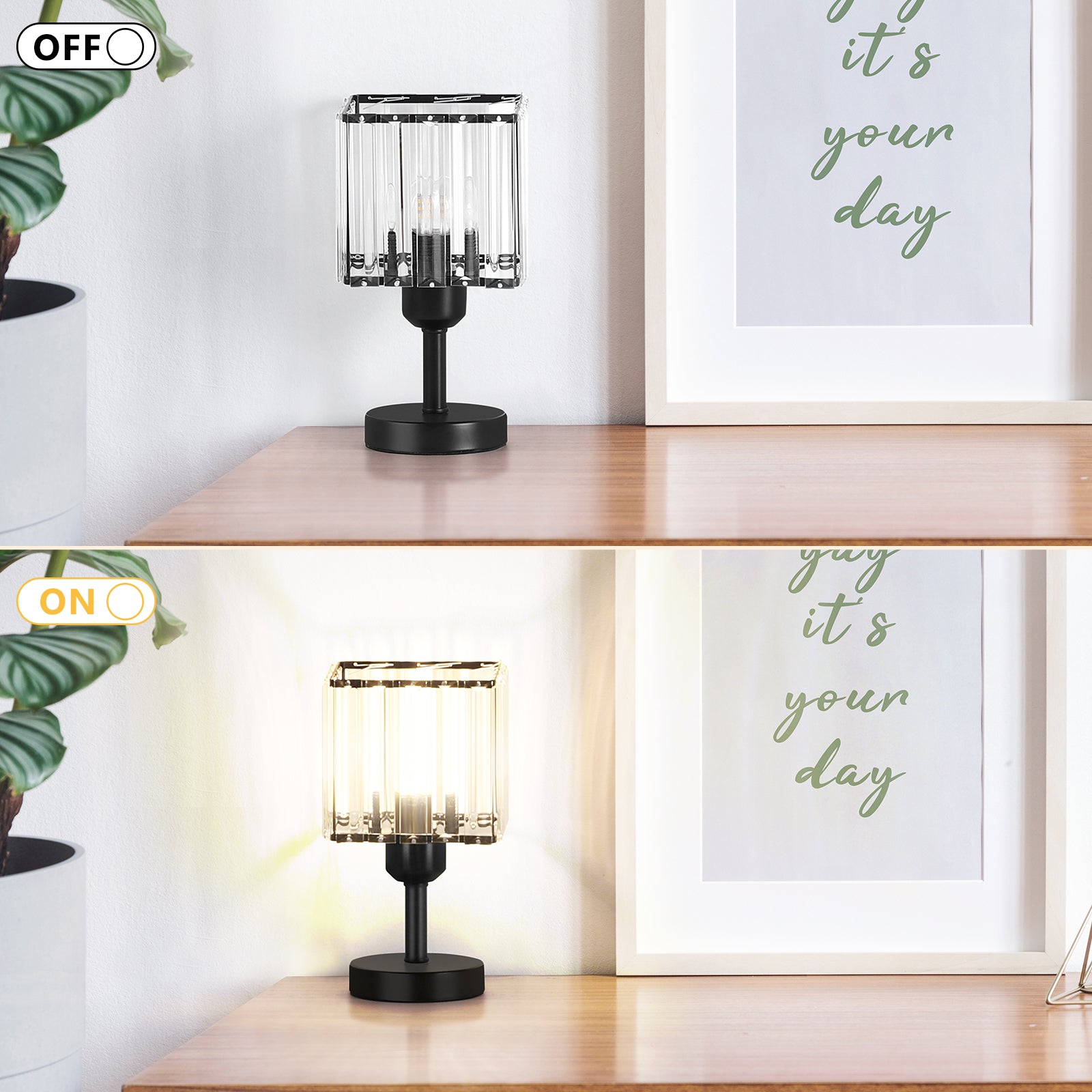 Set of 2 Contemporary Crystal Bedside Lamps with Black Bases and Elegant Shimmering Shades for Living Rooms or Bedrooms