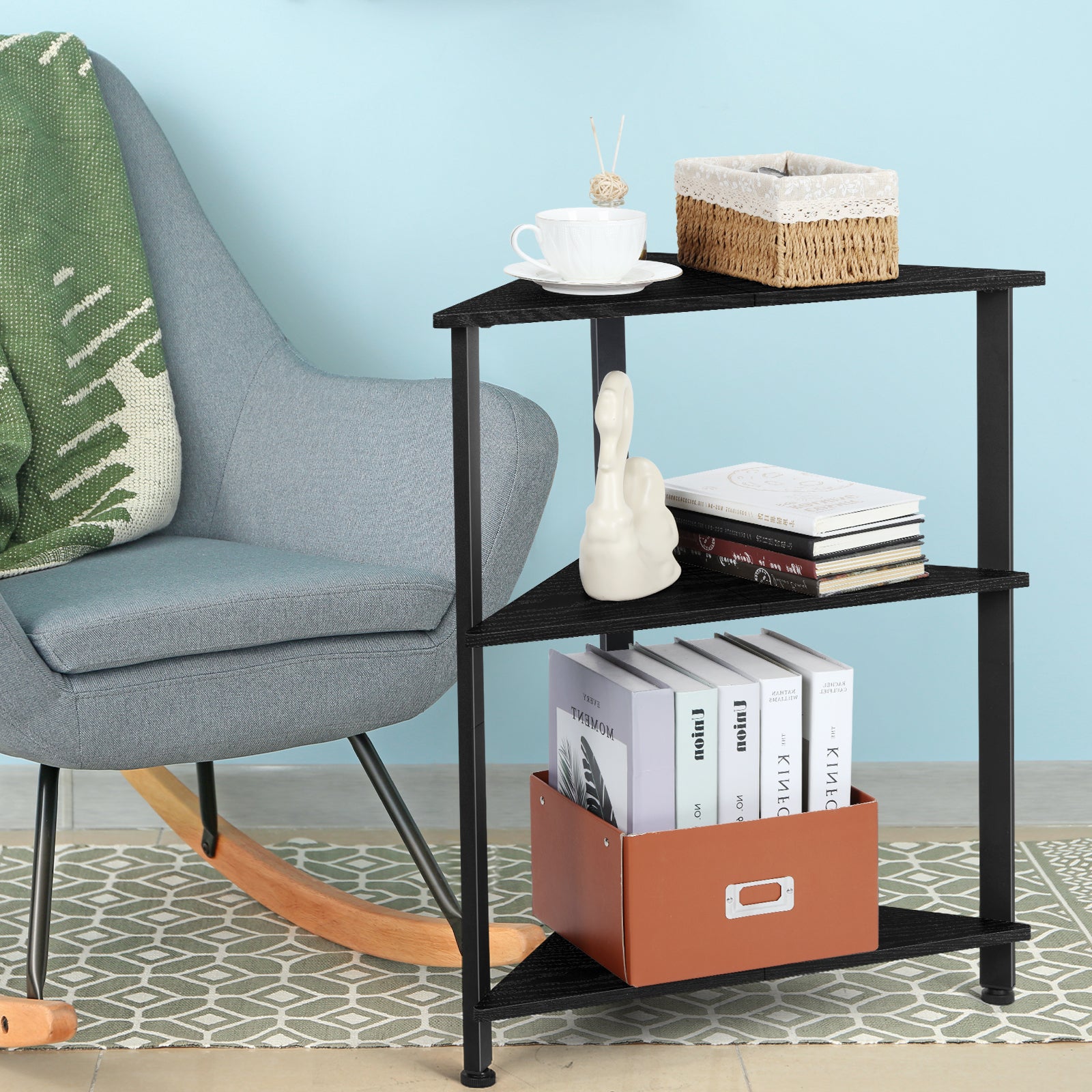 3-Tier Corner Shelf Stand, Triangle Side Table for Small Spaces, Floating Style Display Rack for Home
