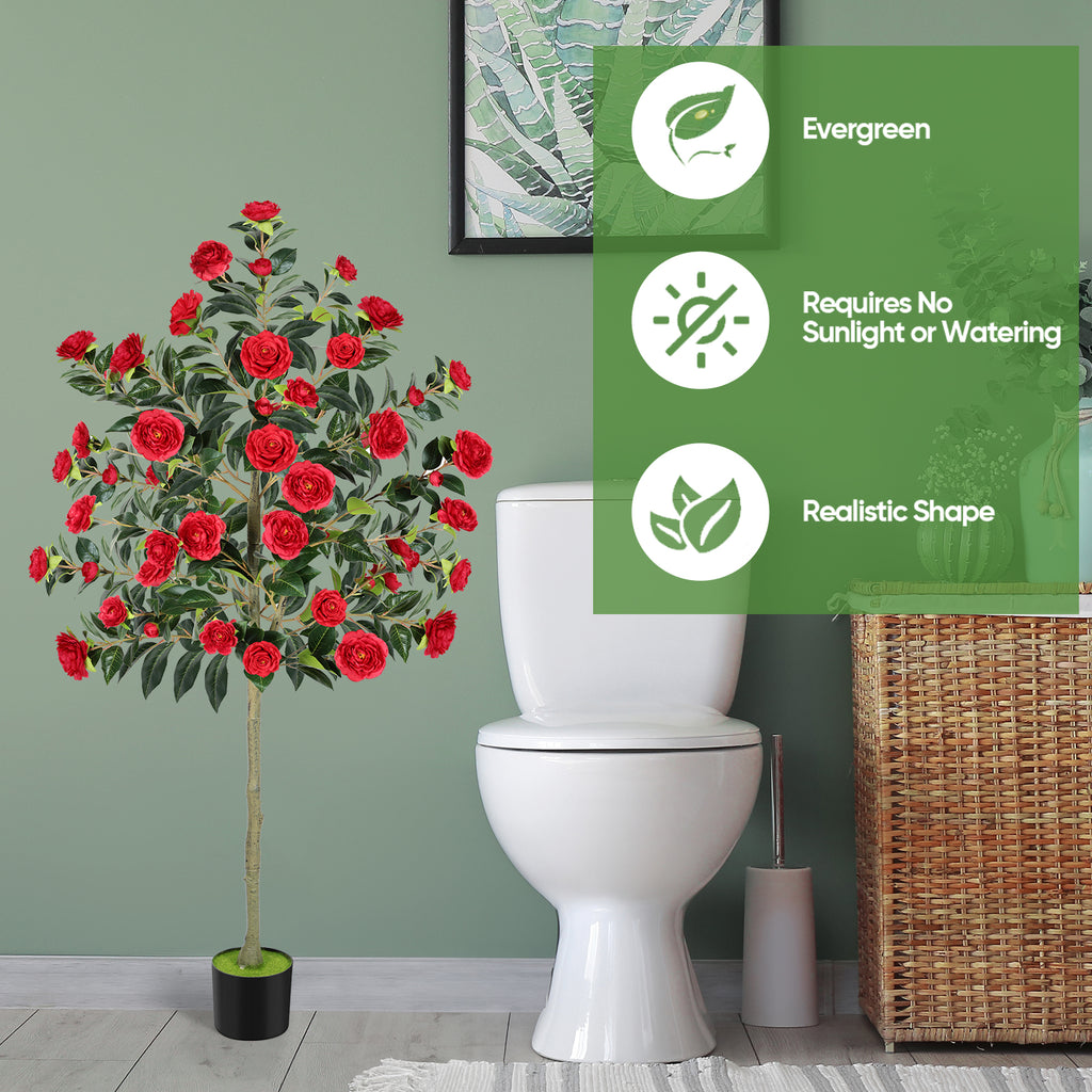 6ft Artificial Camellia Tree, Large Red Faux Blooming Tree in Pot, Tall Silk Floral Plant for Indoor Home Office & Front Door Decor
