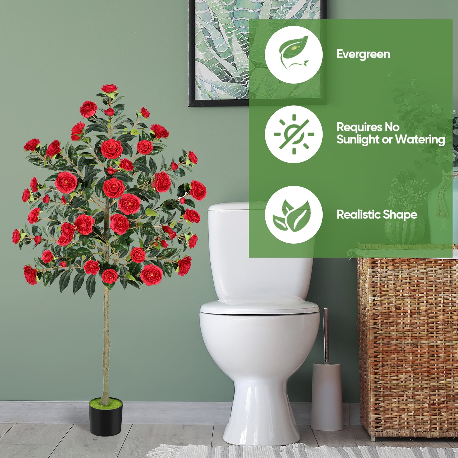 6ft Artificial Camellia Tree, Large Red Faux Blooming Tree in Pot, Tall Silk Floral Plant for Indoor Home Office & Front Door Decor
