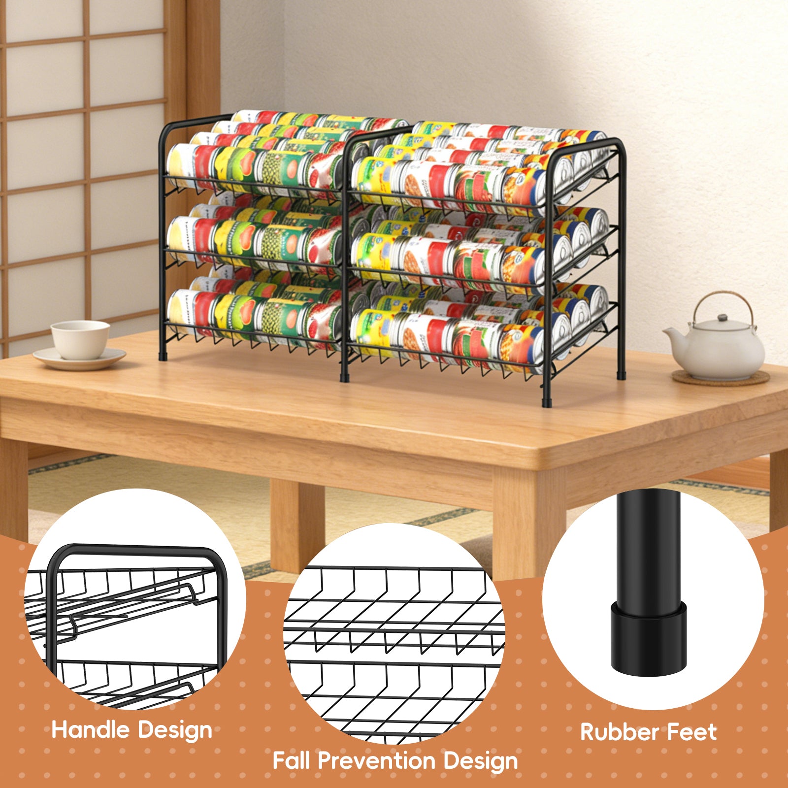 Stackable Can Rack Organizer - Holds Up to 72 Cans - 2-in-1 Gravity-Fed Can Storage for Kitchen Pantry & Cabinet, Black