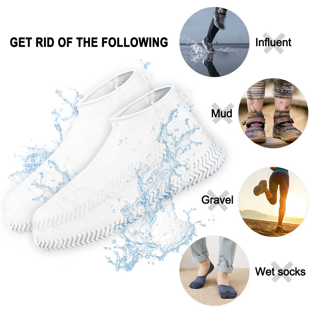 Portable Non-Slip White Silicone Footwear Shields, Washable and Collapsible Reusable Protectors in Medium and Large Sizes