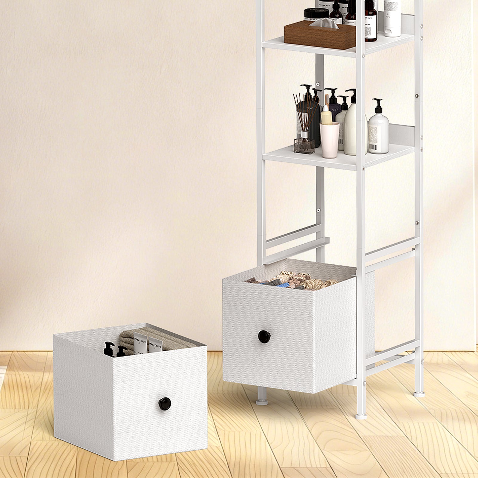 56" Tall Slim Bathroom Storage Cabinet - Narrow Floor Organizer with 2 Drawers & Open Shelves, White,