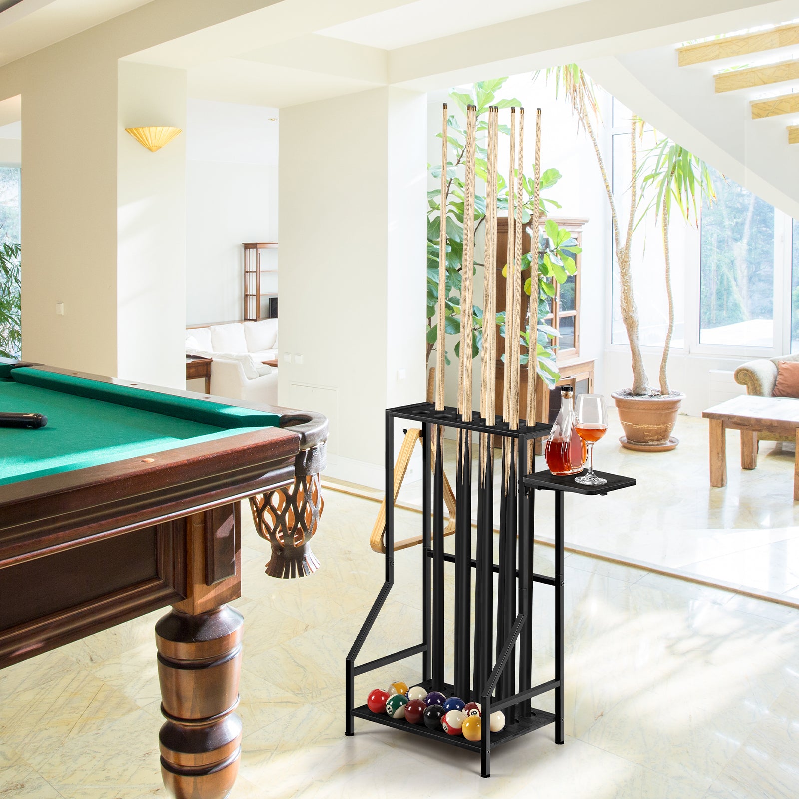 Space-Saving Bamboo Pool Cue Rack - Floor Stand Holder for 10 Billiard Sticks & Balls, Black