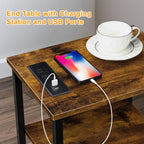 3-Tier Slim Side Table with Charging Station & USB Ports, Industrial End Table with Storage Shelves for Bedroom & Living Room, Rustic Brown,
