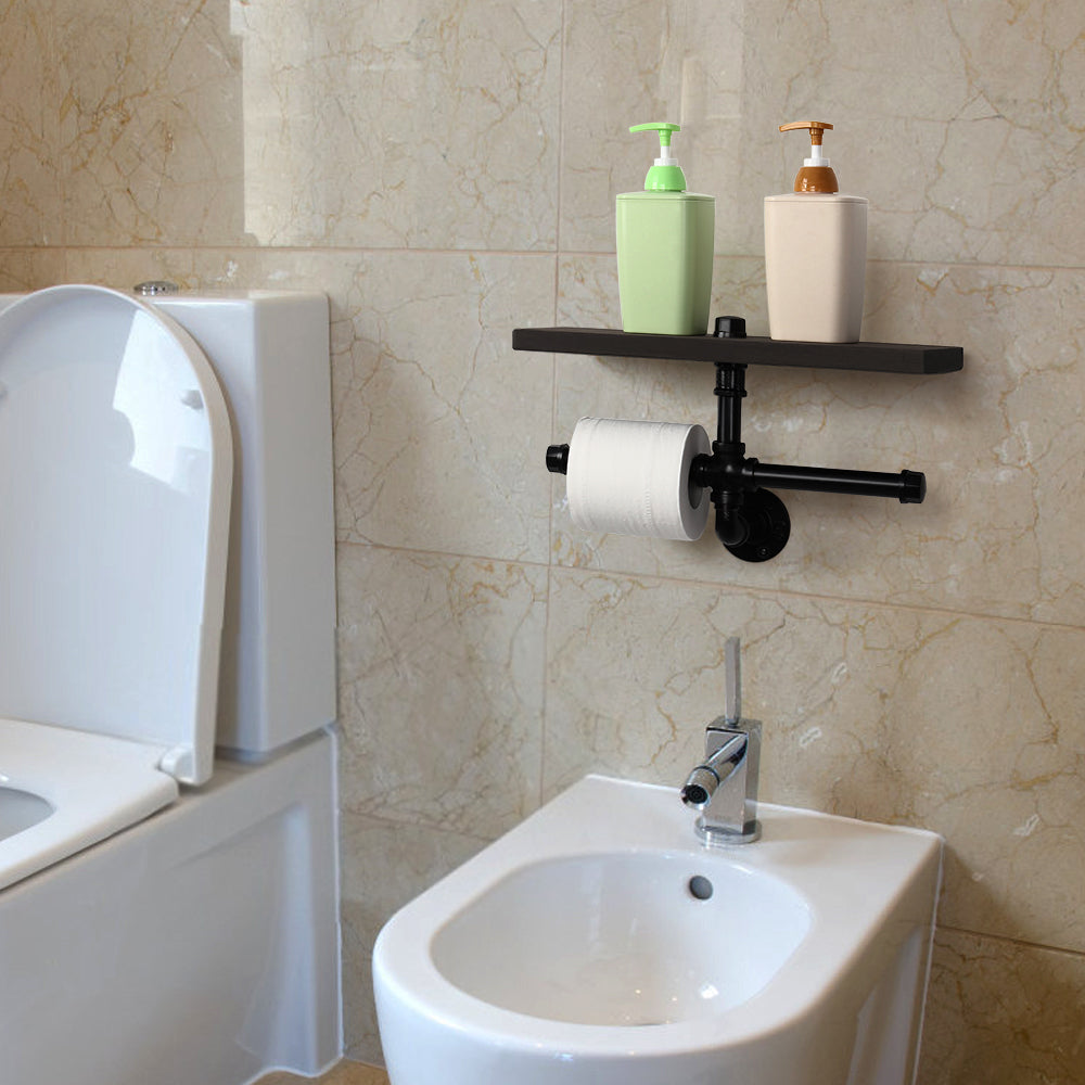 24-Inch Wide Industrial Pipe Toilet Paper Holder with Large Shelf - Wall-Mounted Rustic Wood Tissue Rack - Heavy Duty Double Roll Organizer
