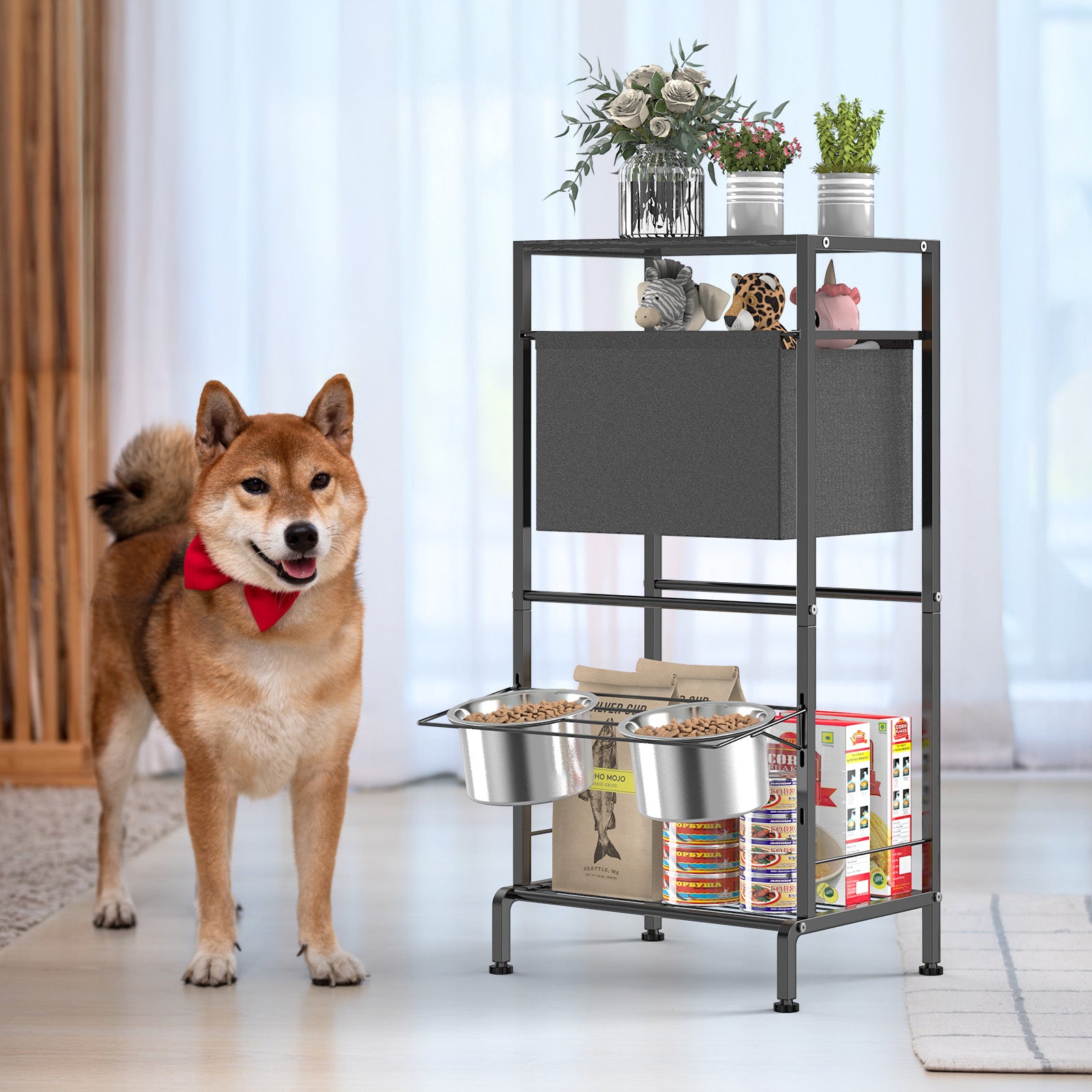 2 Bowl Elevated Dog Feeder with Adjustable Height, Raised Pet Feeding Station Cabinet with Toy Storage Basket, Divided Storage Space & Food Bowls, Pet Storage Organizer for Dog Supplies