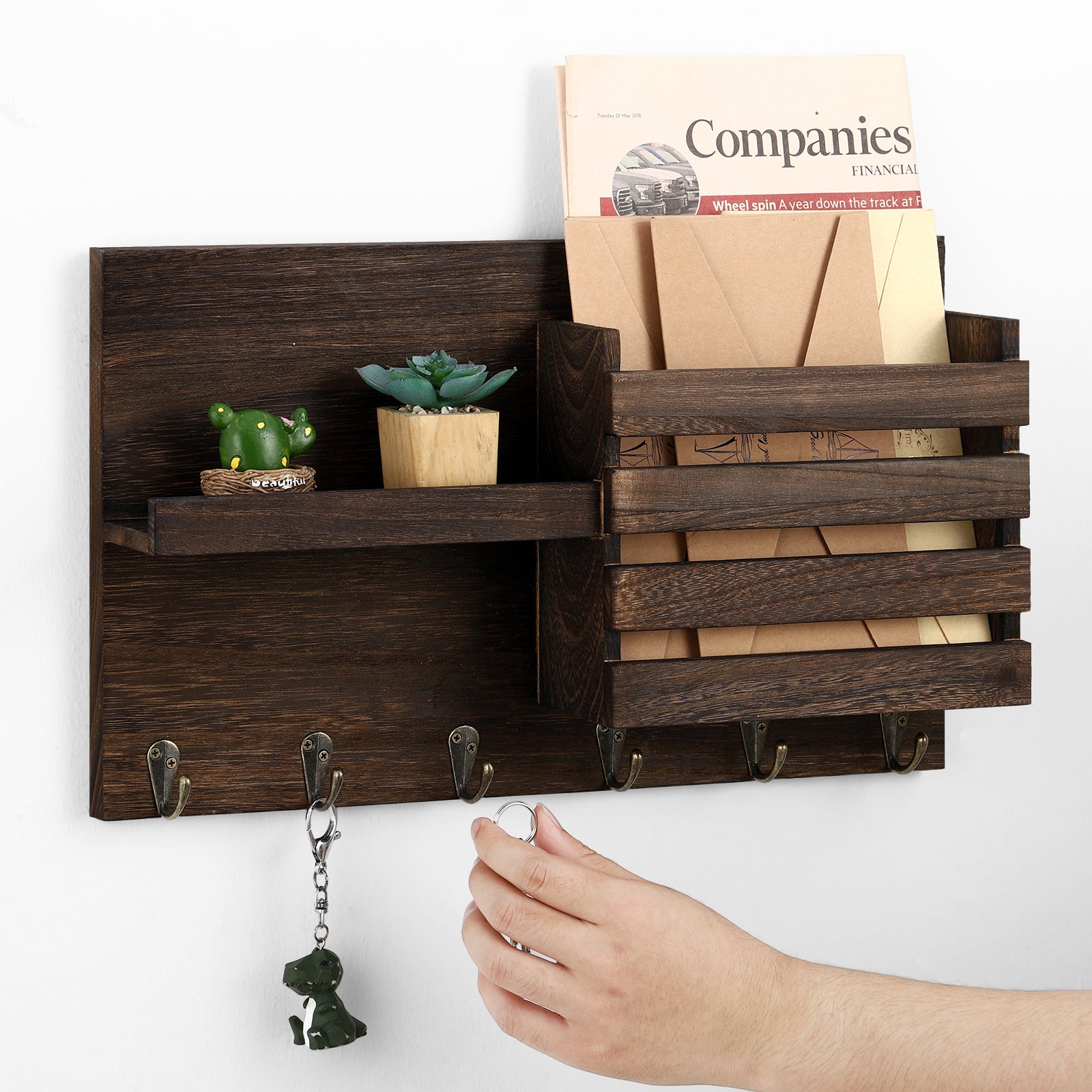 Wooden Mail Sorter Rustic Mail & Key Holder Organizer with 3 Key Hooks, Wall Mount Mail Holder for Entryway