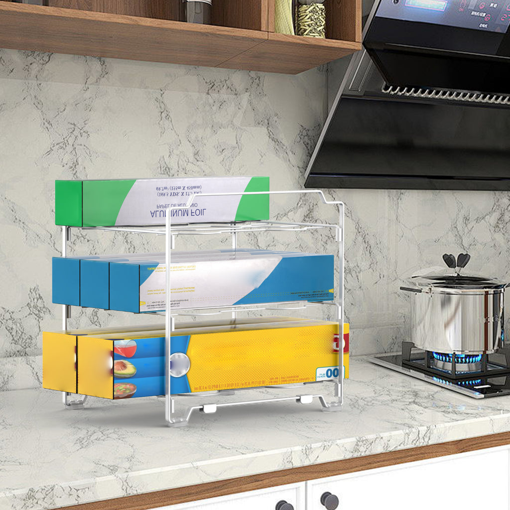 Kitchen Wrap & Foil Organizer Rack (2-Pack) - Stackable Storage Holder for Aluminum Foil and Plastic Wrap