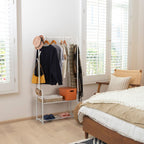 White Freestanding Coat Rack with 2-Tier Shoe Shelves, Metal Clothing Garment Rack for Bedroom & Entryway,
