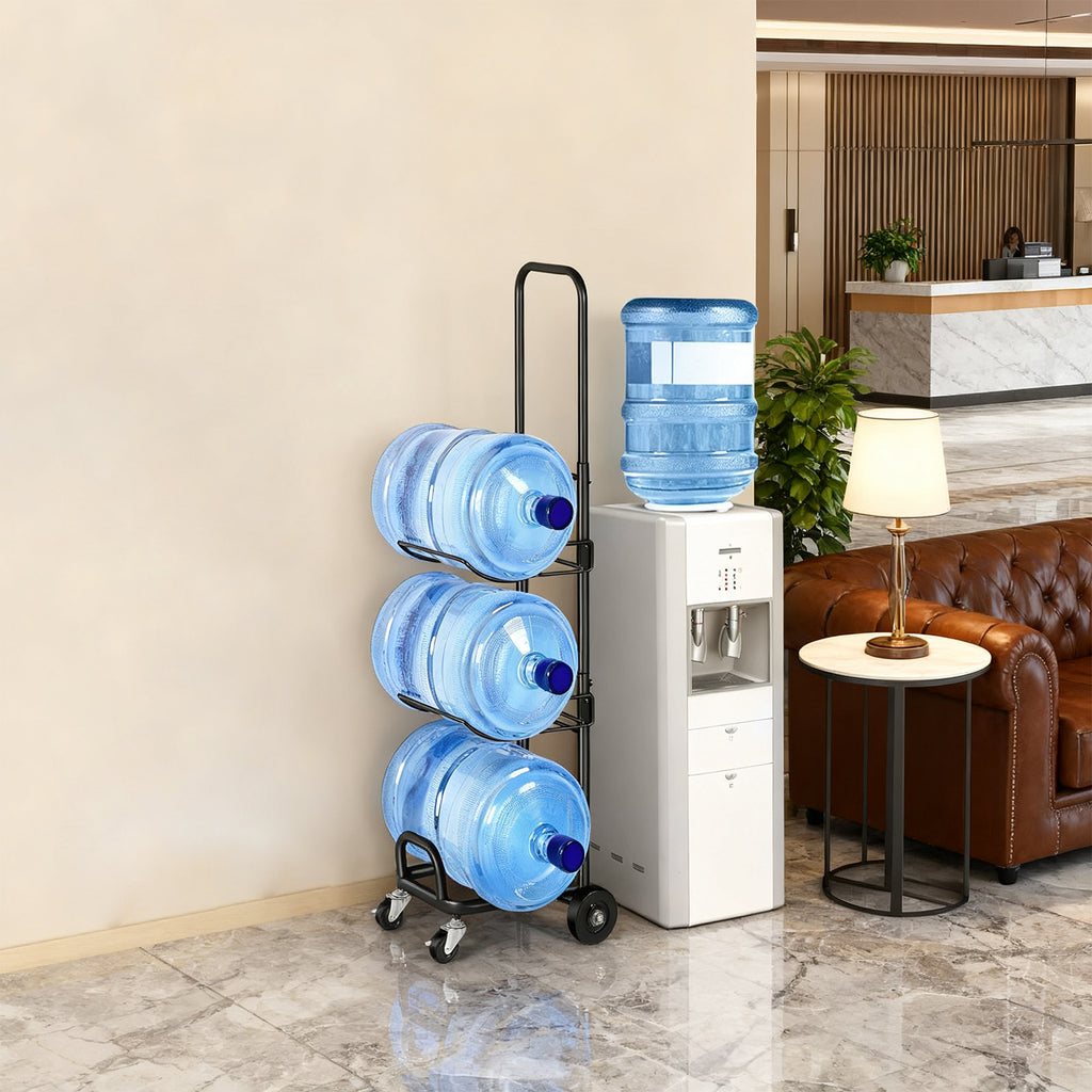 3 Tier Rolling 5 Gallon Water Jug Storage Rack Cart, Adjustable Height Black Metal Water Bottle Holder with Lockable Casters & Elastic Rope, Freestanding Water Cooler Jug Organizer for Office Kitchen Pantry