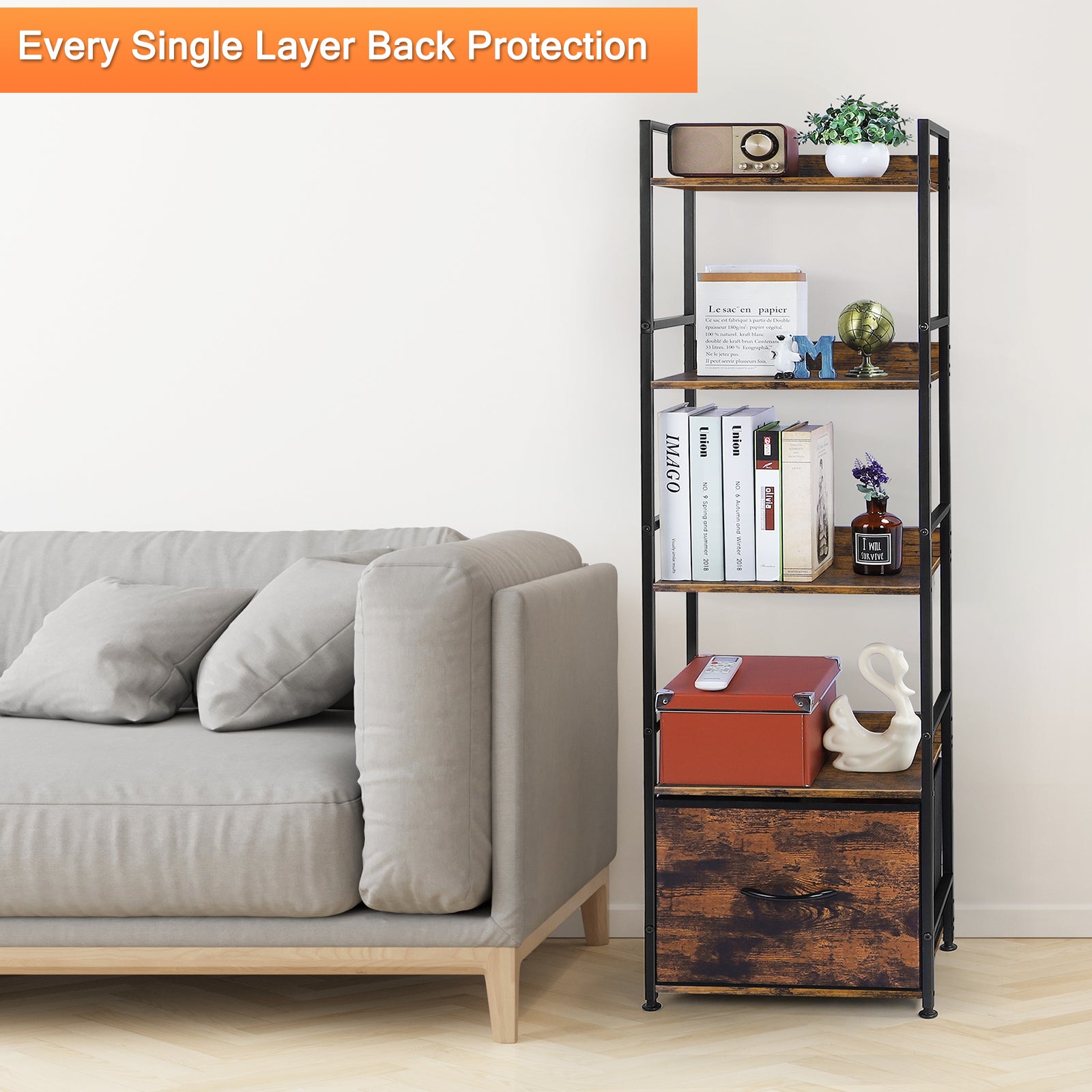 Tall Narrow 5-Tier Bookshelf with Storage Cabinet Drawer