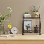 2-Tier Kitchen Spice Rack Organizer - Multi-Purpose Bathroom Counter Shelf with Hooks - Space-Saving Standing Storage, Brown