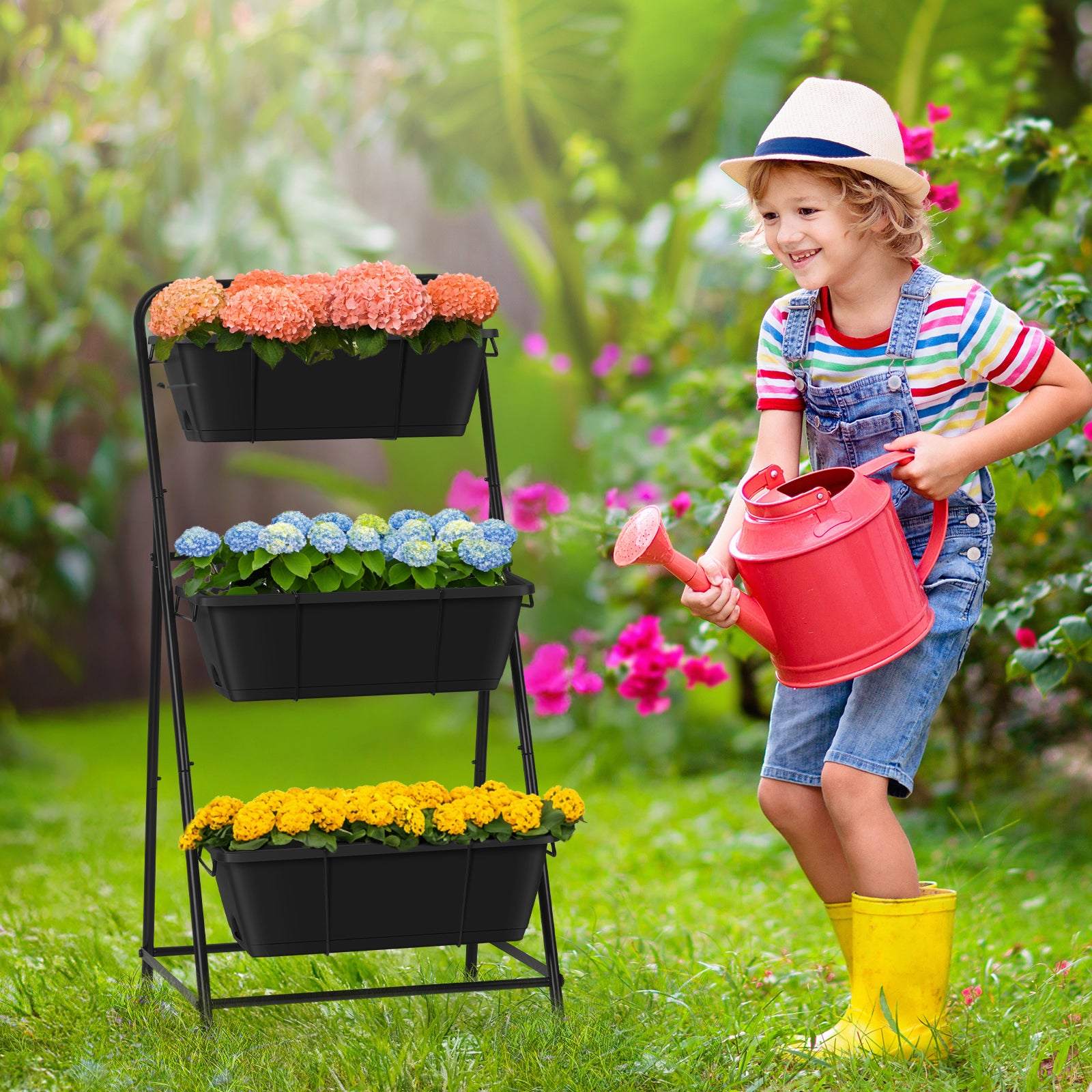 3-Tier Black Vertical Garden Planter - Elevated Raised Bed with Drainage System and Removable Trays