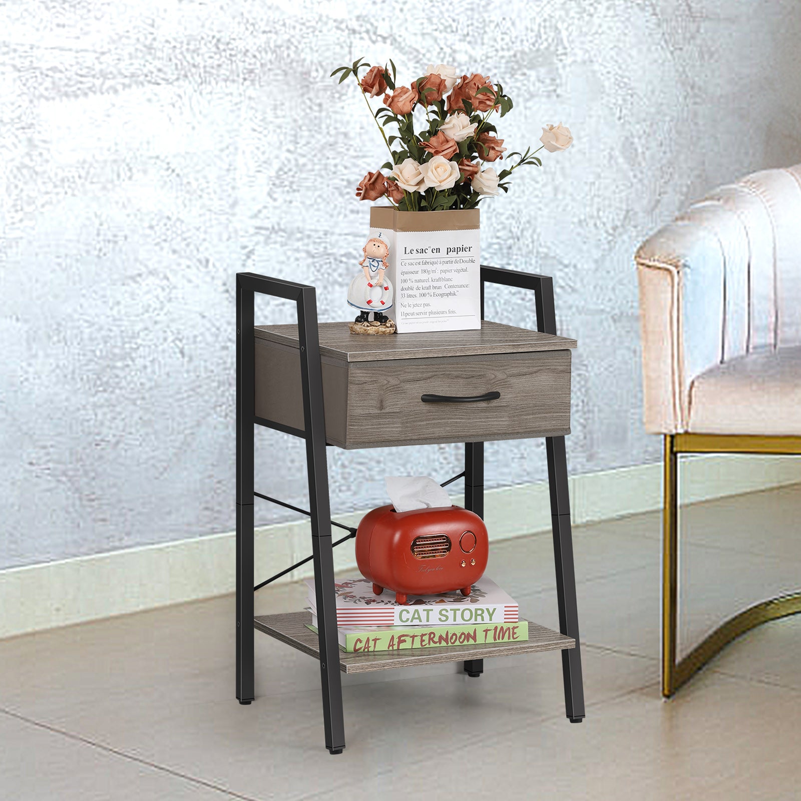 Black Nightstands with Fabric Storage Drawer and Open Wood Shelf, Side Table with Storage for Bedroom, Night Stand with Drawer, Tall End Table, Printer Table,