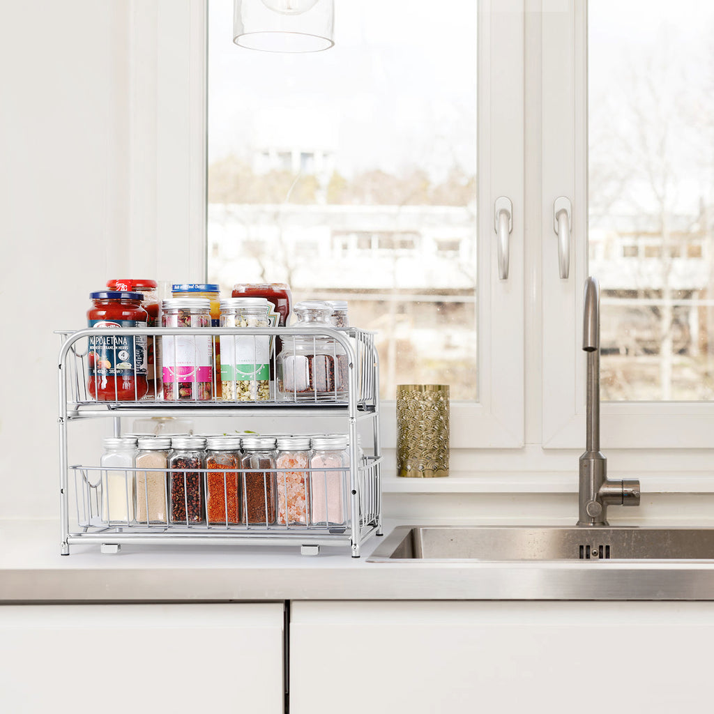 2-Tier Sliding Under Sink Organizer - Stackable Metal Basket Storage Drawer for Kitchen & Bathroom