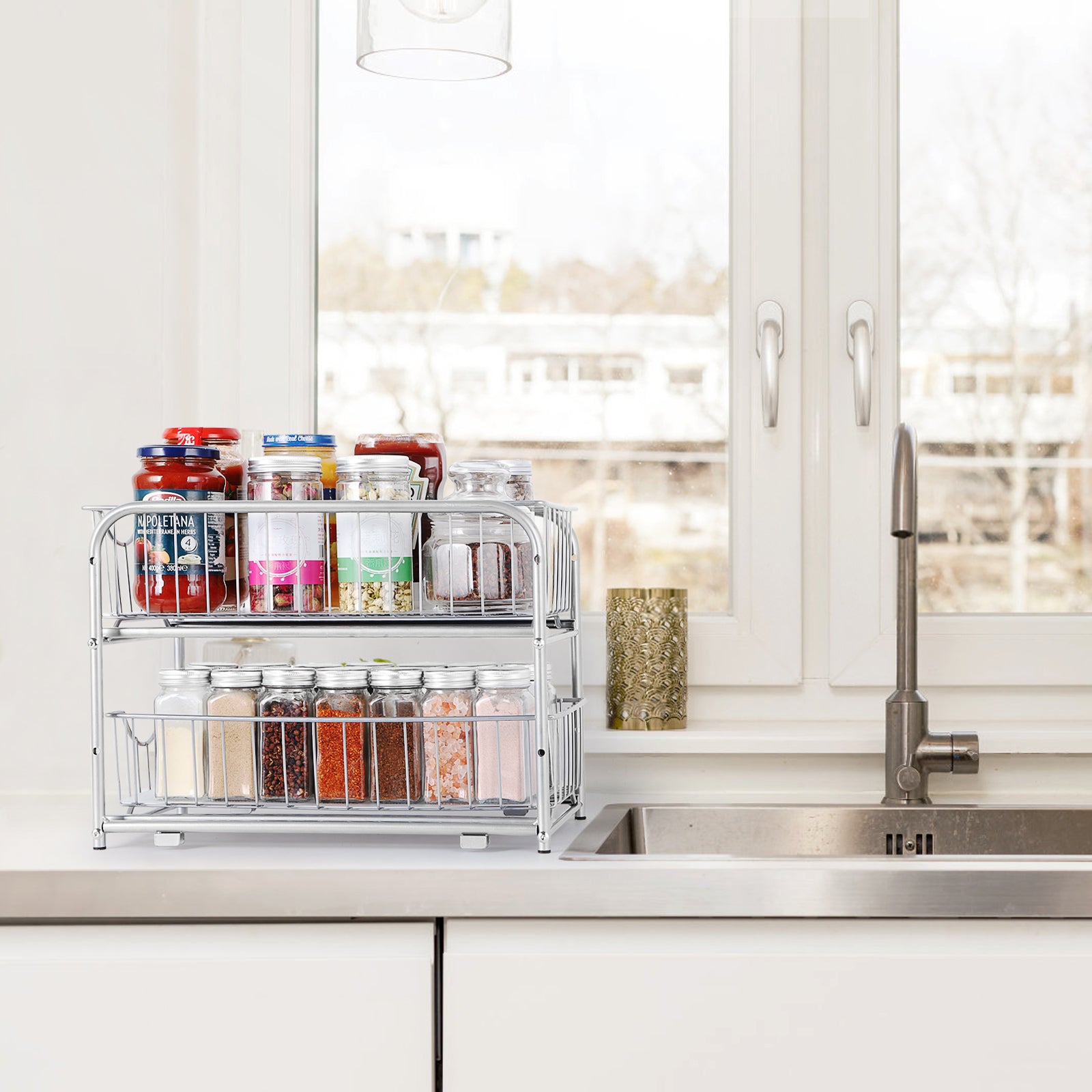 2-Tier Sliding Under Sink Organizer - Stackable Metal Basket Storage Drawer for Kitchen & Bathroom