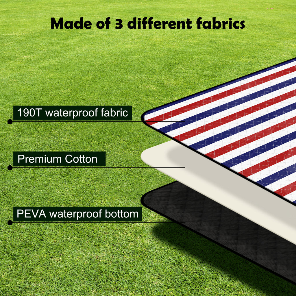 Waterproof Portable Camping and Beach Blanket with Red and Blue Stripes for Outdoor Picnics, Lawn Events, and Concerts