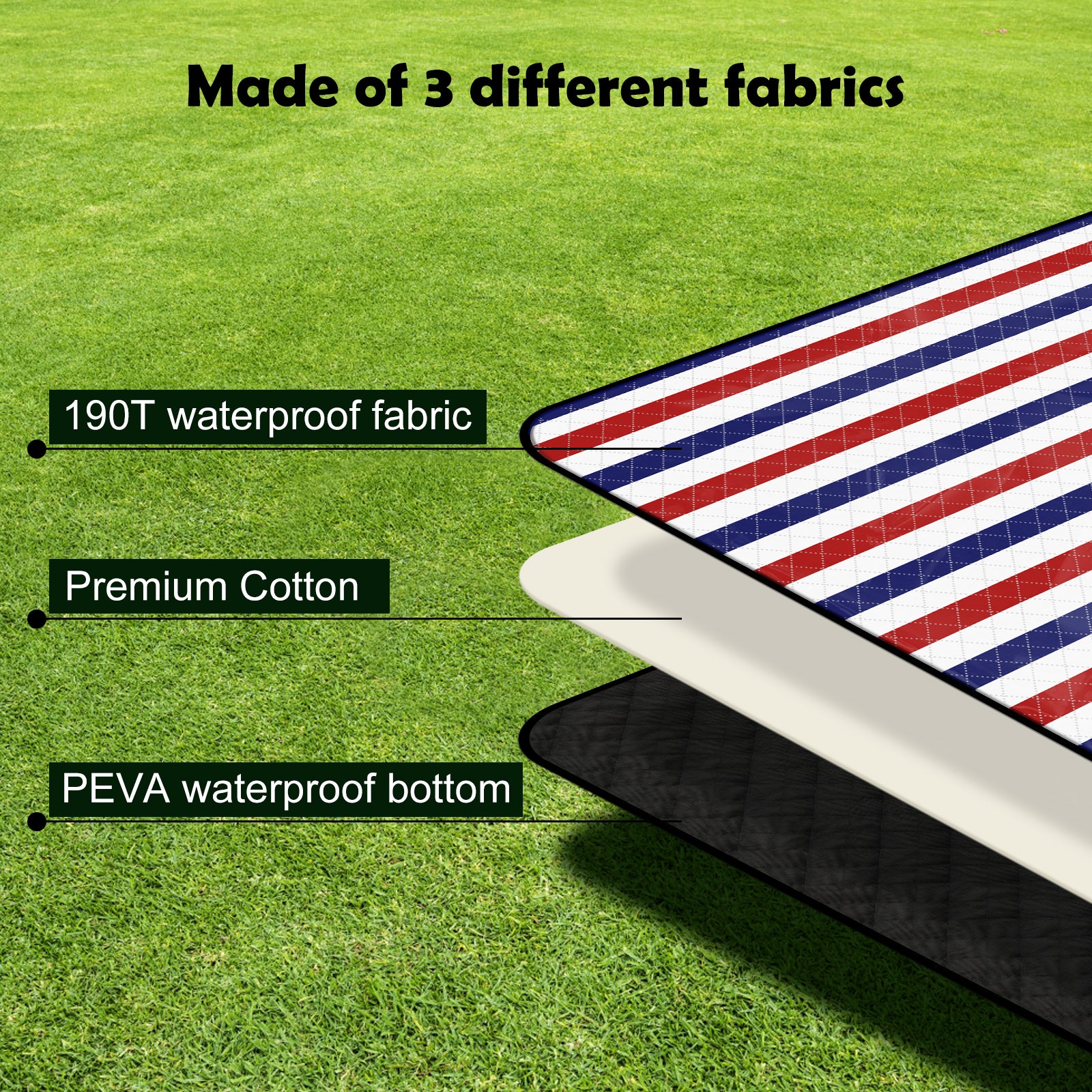 Waterproof Portable Camping and Beach Blanket with Red and Blue Stripes for Outdoor Picnics, Lawn Events, and Concerts