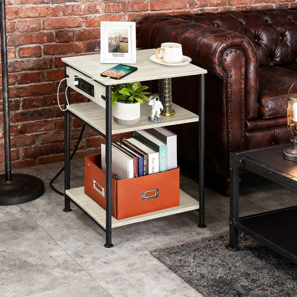Bedside Table with Charging Station - 3-Tier Nightstand with USB Ports & Power Outlets