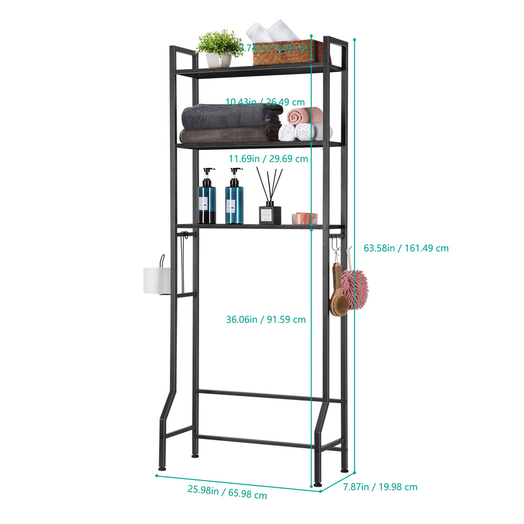 3-Tier Over the Toilet Storage Rack - Space-Saving Bathroom Organizer with Toilet Paper Holder & Hooks,