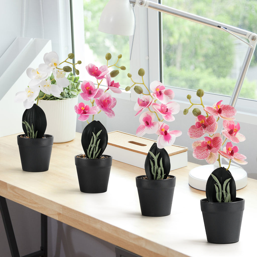 4-Pack Mini Artificial Orchid Potted Flowers, Phalaenopsis Faux Silk Floral Decor for Office Desk & Wedding Table