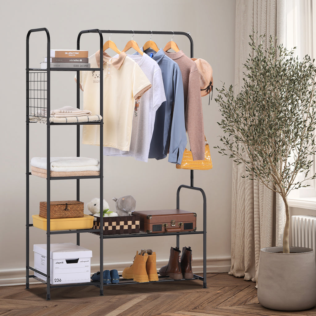 Black Coat Rack Freestanding Clothing Rack with 5-Tier Shelves & Shoe Storage, Heavy-Duty Garment Rack,