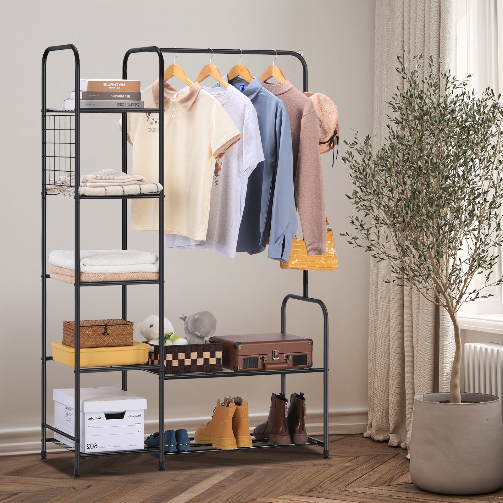 Black Coat Rack Freestanding Clothing Rack with 5-Tier Shelves & Shoe Storage, Heavy-Duty Garment Rack,