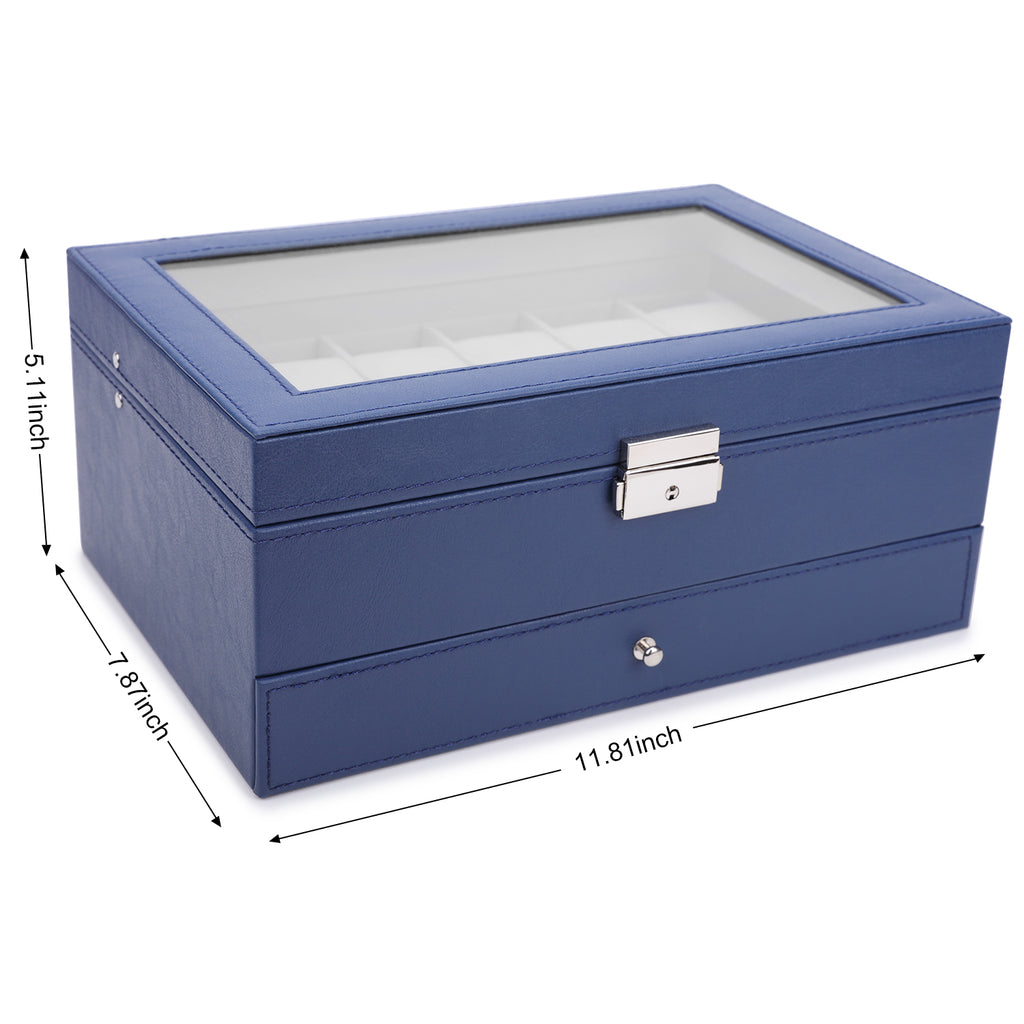 Royal Blue 12-Slot Men's Watch Display Case and Jewelry Organizer with Secure Lock and Key Set