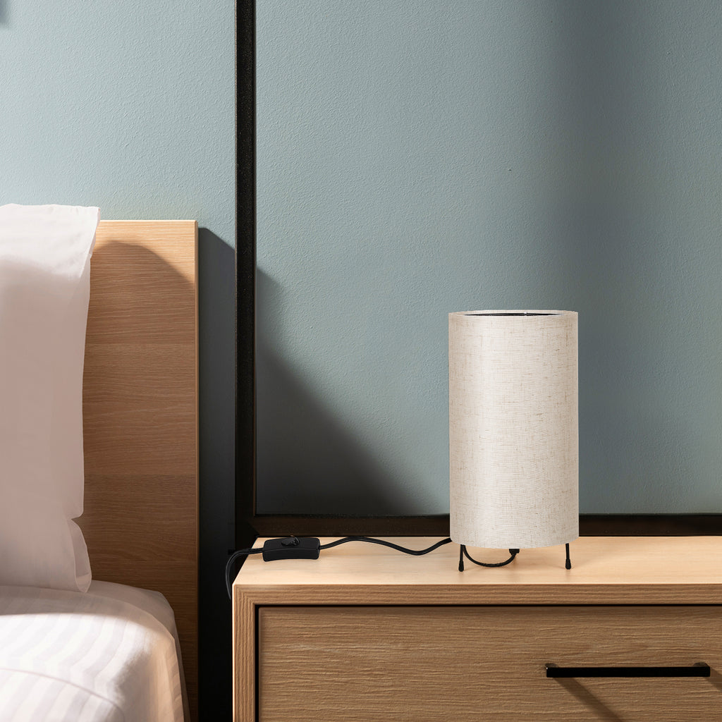 Minimalist Cylindrical Tripod Bedside Lamps (Set of 2)， Small Nightstand Lamps with Linen Shade.