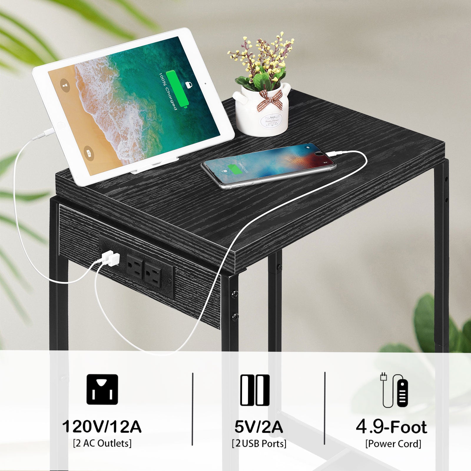 Set of 2 Nightstands with Charging Station - Slim Side Tables with USB Ports & AC Outlets for Bedroom
