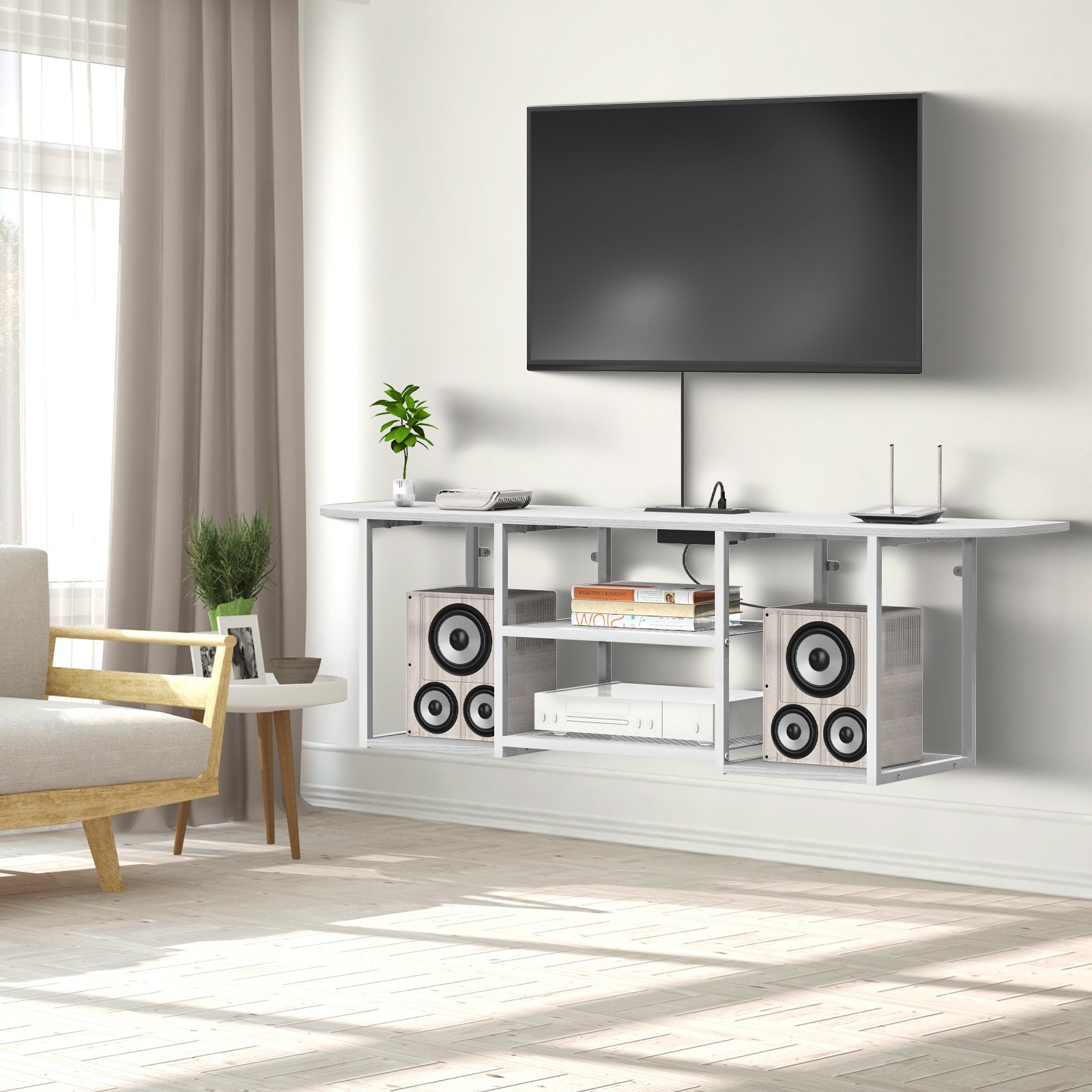 3-Tier Floating TV Stand with Charging Station - Wooden Wall Console for 32-55" TVs, White