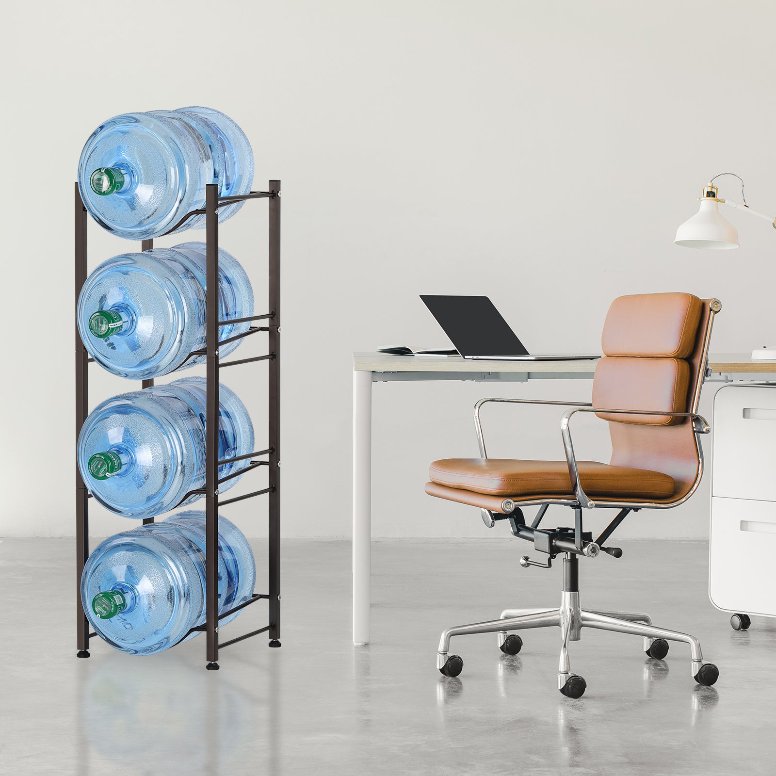 4-Tier 5 Gallon Water Bottle Holder Rack - Heavy Duty Stackable Water Jug Storage Organizer for Kitchen, Office & Breakroom, Black