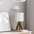 Compact Tripod Base Bedside Light with White Fabric Shade for Kids Rooms and Nursery - Versatile Small Desk Lamp with Brown Base for Bedroom or Study
