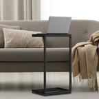 2-Pack C-Shaped Side Tables with Wood Textured Top - Slim Sofa End Tables for Small Spaces, Convenient Snack Tray for Living Room & Bedroom, Black