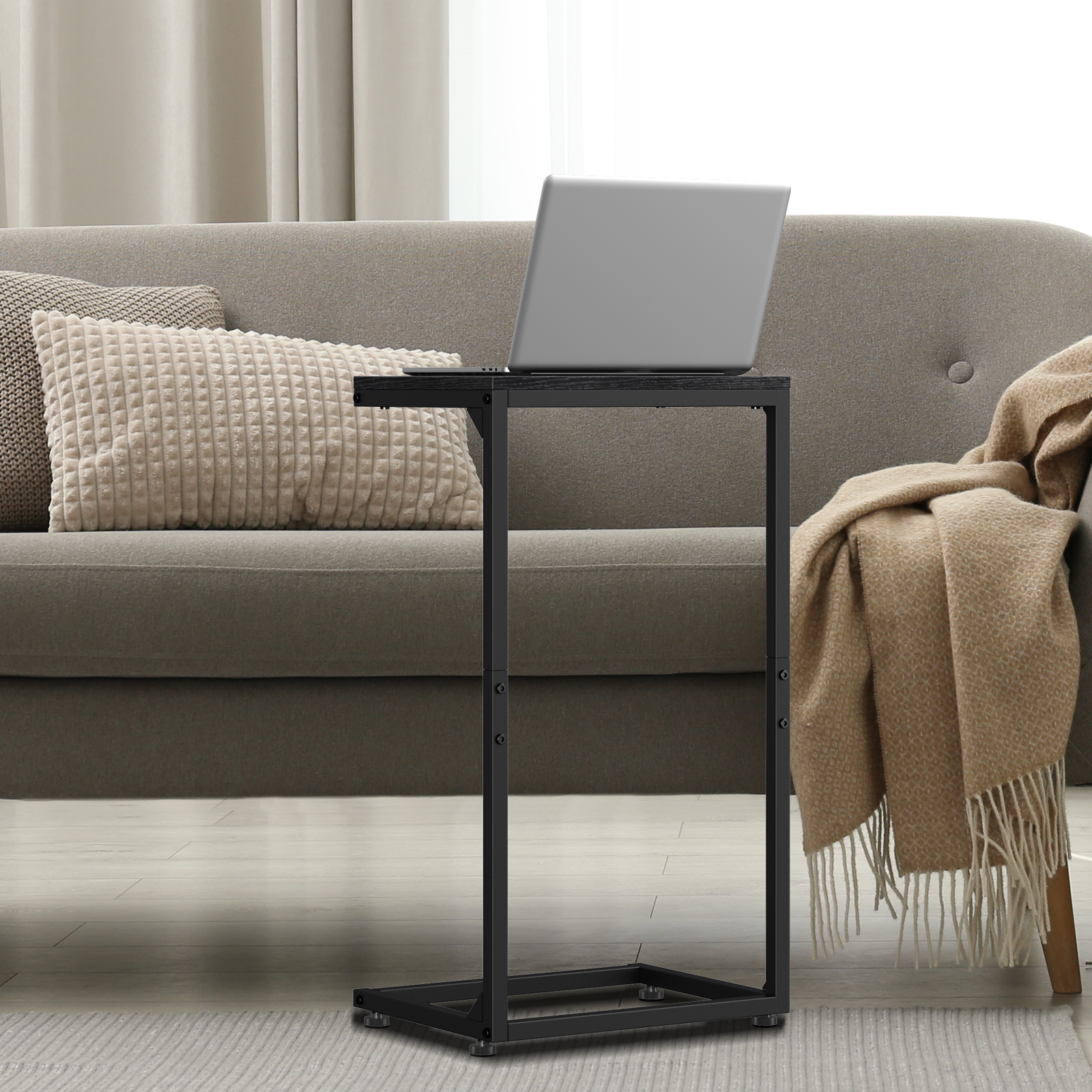 2-Pack C-Shaped Side Tables with Wood Textured Top - Slim Sofa End Tables for Small Spaces, Convenient Snack Tray for Living Room & Bedroom, Black