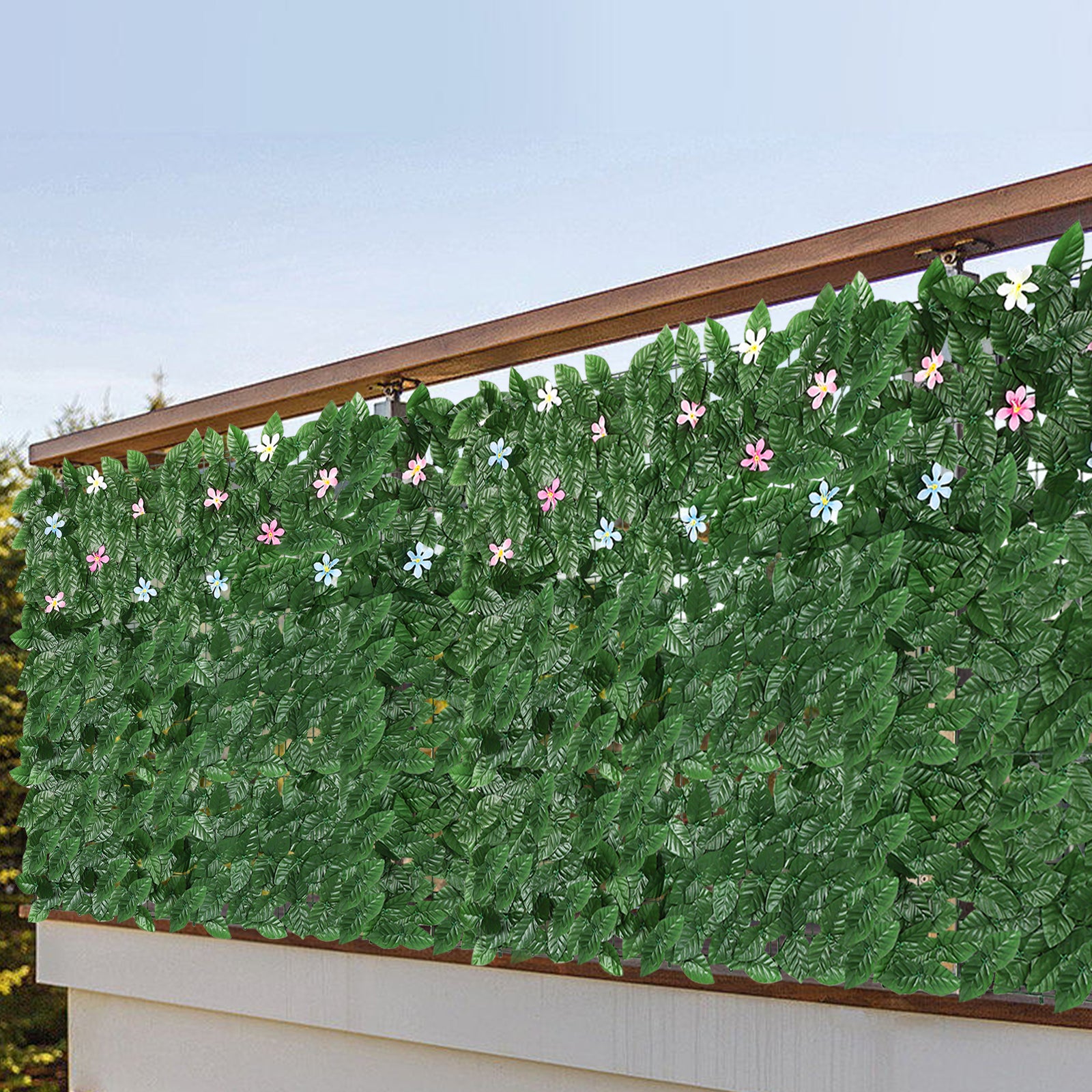 12.6inch x 16.5inch Artificial Ivy Fence-Dark Leaves (24pieces) - Faux Vine Privacy Screen with Flowers for Balcony & Deck