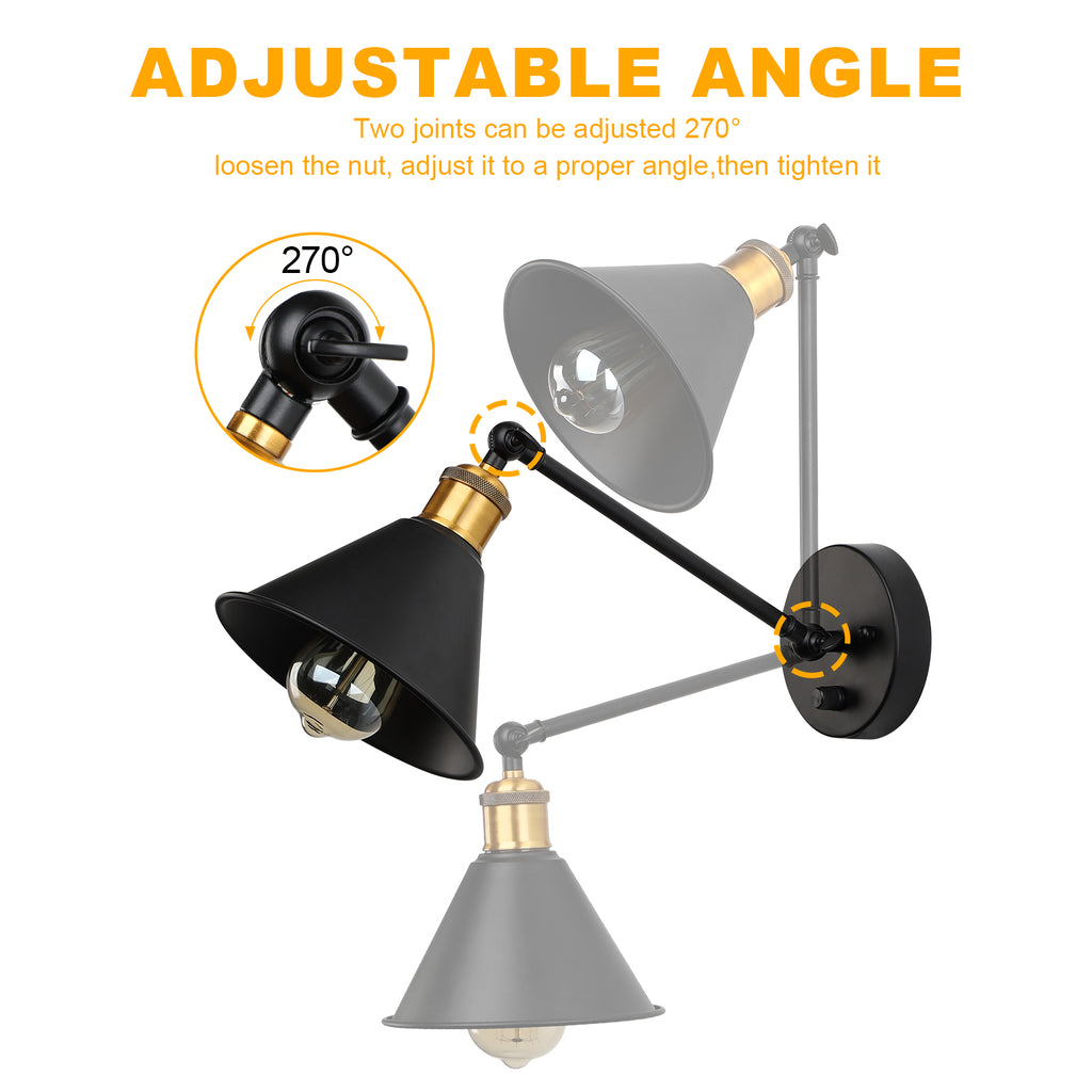 Set of 2 Adjustable Swing Arm Wall Sconces, Dimmable Plug-In Mounted Lighting Fixtures in Black and Brass for Bedroom or Living Room (Bulbs Not Included)