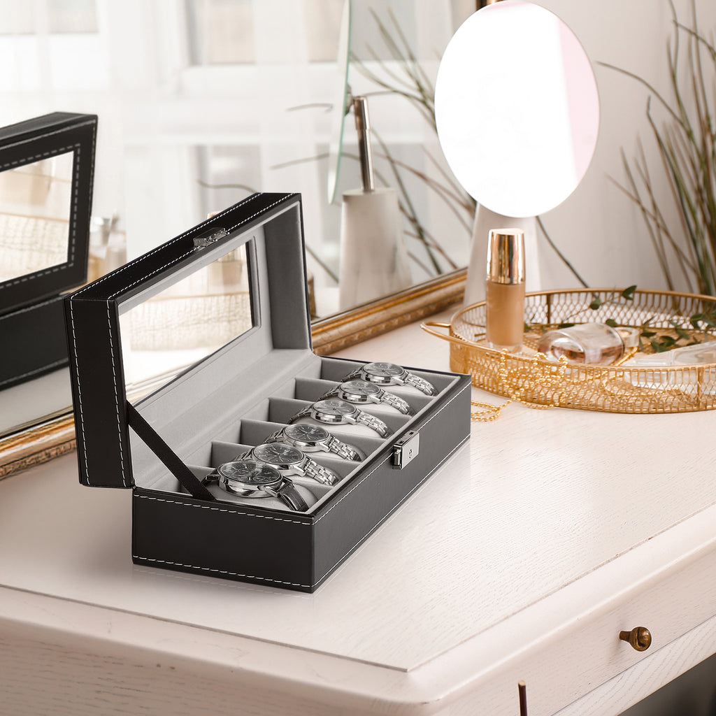 6-Slot Watch Box | Vegan Leather Display Case with Glass Viewing Top