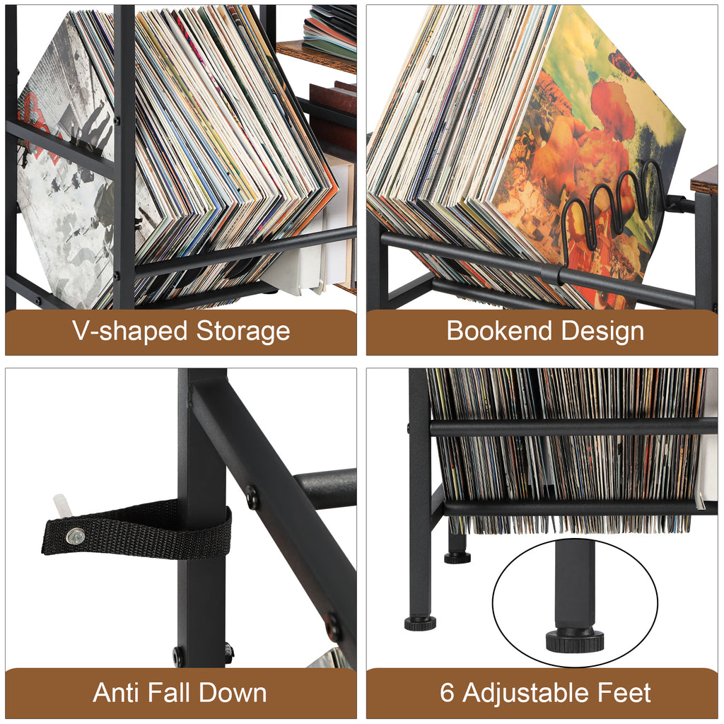 Multi-Purpose Vinyl Record & Toy Storage Organizer - Industrial Stand with Mesh Basket and Wood Shelves
