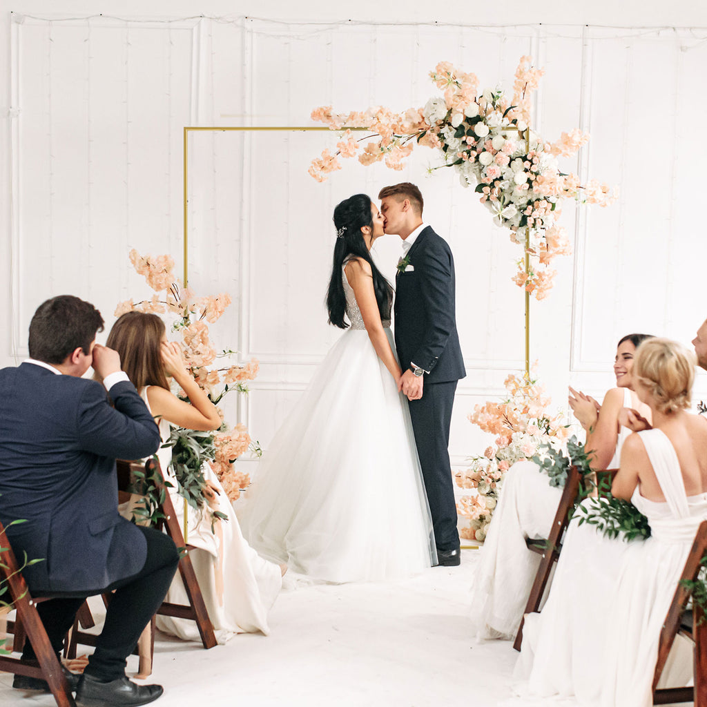 6.6 Ft Square Round Tube Wedding Arch in Gold with Floral Decoration, Wedding Arch Garland Flowers and Valance Kit, Square Background Curtain Stand for Parties, Birthday Ceremonies, Home Decorations