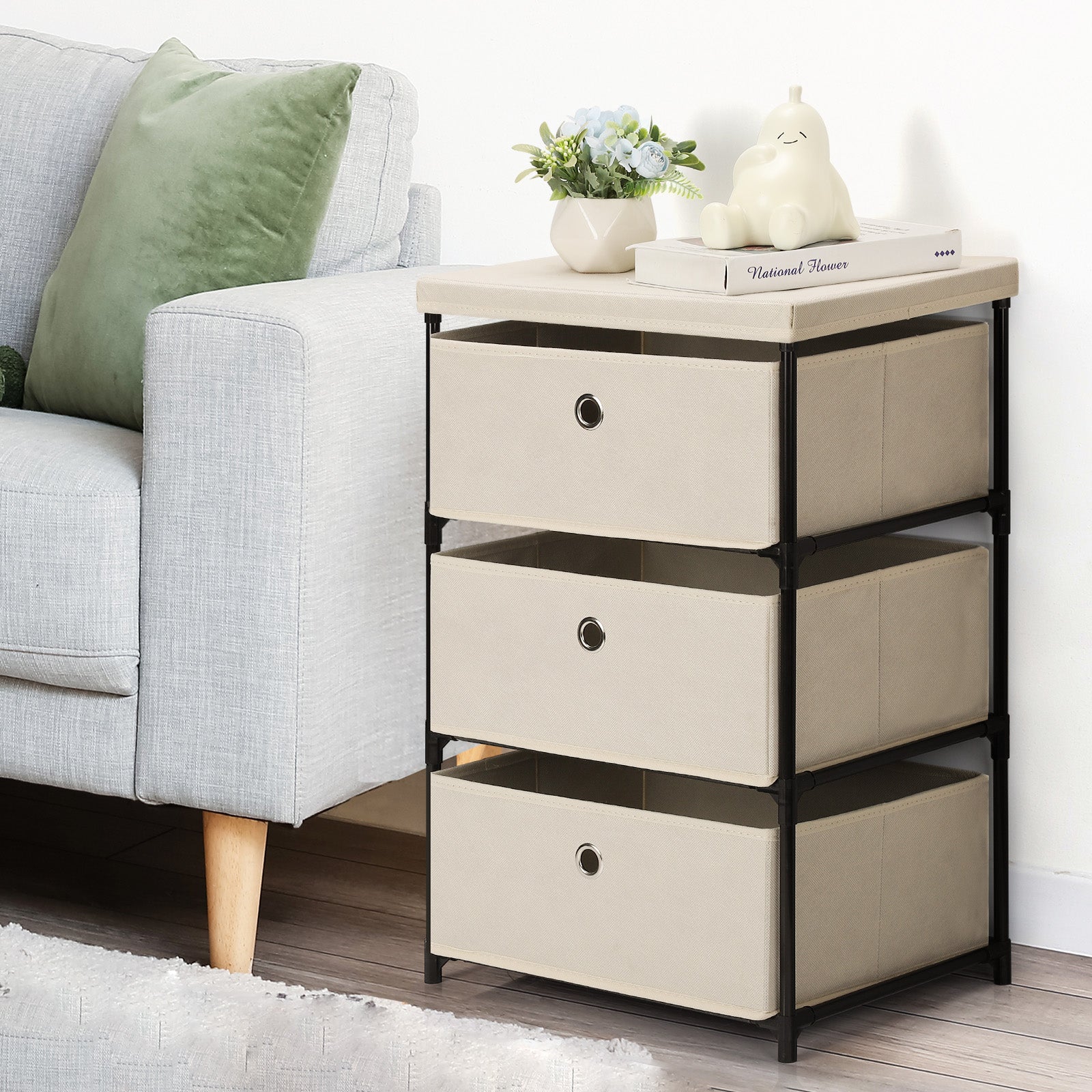 Nightstands Dresser for Lightweight, Organizer Storage Dresser, Fabric Storage 3 Drawers Units, Gaps Tower Organizer with Steel Frame for Living Room, Entryway, Closet, Bedroom(Beige)